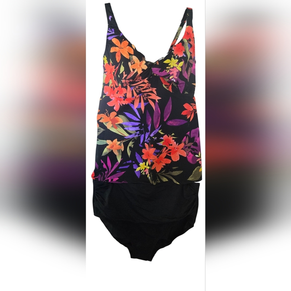 Floral Tankini Swimsuit Top with Black Bottom Size 14